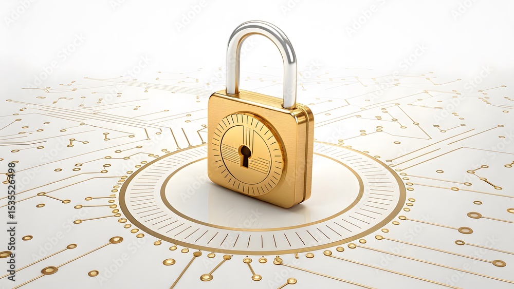 Poster secure digital future a gleaming gold padlock rests on a circuit board, symbolizing robust online pr