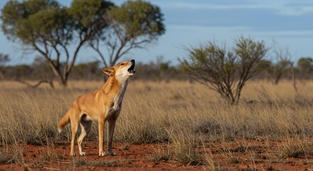 Obraz premium Dingo Howling in Australian Outback Landscape on Red Soil Plains