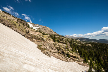 Looking Down The Snow Field Near Blue Bird Lake In Rocky Mountain
