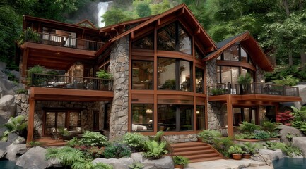 Rustic wooden cabin house surrounded by lush green forest and stone landscaping in summer

