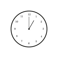 Minimalist Clock Illustration Showing One O'Clock, Isolated on White Background