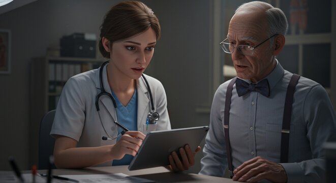 Young female doctor shows senior patient medical results on tablet digital healthcare consultation serious discussion professional medical advice modern