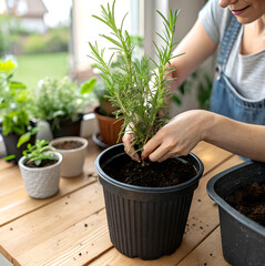 Woman planting rosemary in black plastic pot, close up, home indoor gardening.