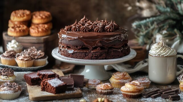 Decadent Chocolate Cake with Assorted Pastries and Hot Beverage