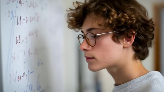 Thoughtful student solving complex equations on classroom whiteboard with intense focus