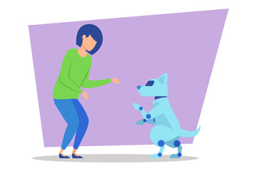 Person interacting with playful robot dog, showcasing its trick of standing on hind legs