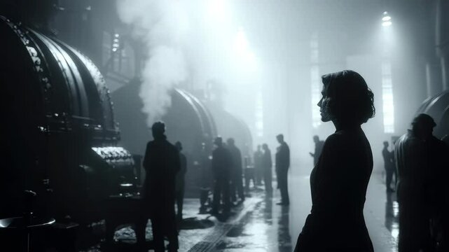 Silhouette of a Woman in a Monochrome Industrial Setting