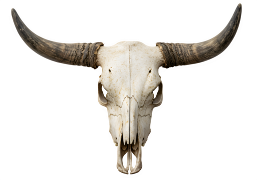 A weathered bull skull with aged horns, isolated on white or transparent background. PNG