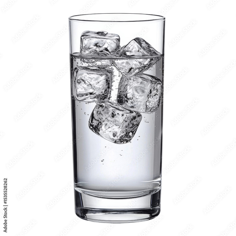 Poster clear glass filled with refreshing water and ice cubes, creating cool and inviting appearance. Perfect for hydration and summer enjoyment