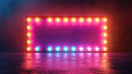 A neon sign with a red and purple background. The sign is lit up with a variety of colors, including pink, orange, and yellow. The sign is empty, with no text or images on it