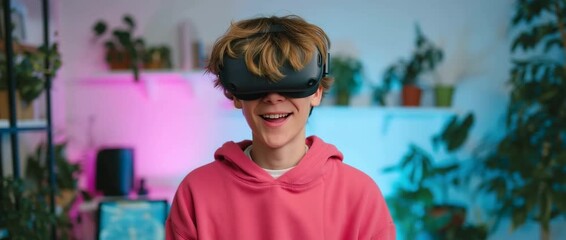 Joyful exploration of virtual reality by smiling boy in pink hoodie surrounded by vibrant indoor plants - Powered by Adobe