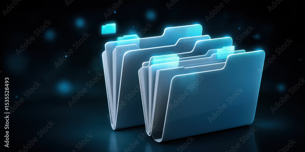 Poster digital folder icons glowing in blue represent data transfer in futuristic concept with dark backgro