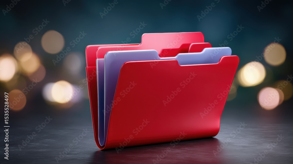 Poster digital folder icons represent data transfer with colorful red and purple file folders standing on d
