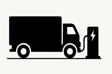 Black silhouette of an electric delivery truck charging at a charging station symbolizing sustainable transportation and eco friendly logistics on a white background black depicts