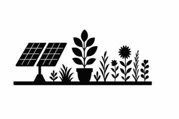 Sustainable Energy and Growth A Black and White Illustration of Solar Panels Alongside a Thriving Garden Representing Harmony Between Technology and Nature for a Greener