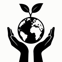 Symbolic Illustration of Environmental Stewardship Hands Holding the Earth with a Sprout Representing Growth Sustainability and Care for the Planet in a Black and White