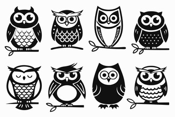 A collection of eight simple black and white owl silhouettes on white backgrounds