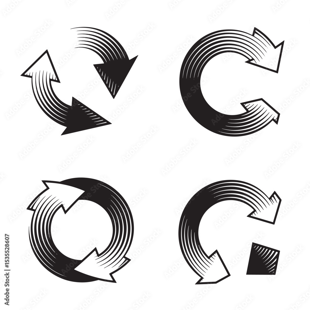 Poster a set of four vector illustrations featuring stylized arrow silhouettes in monochrome for web design
