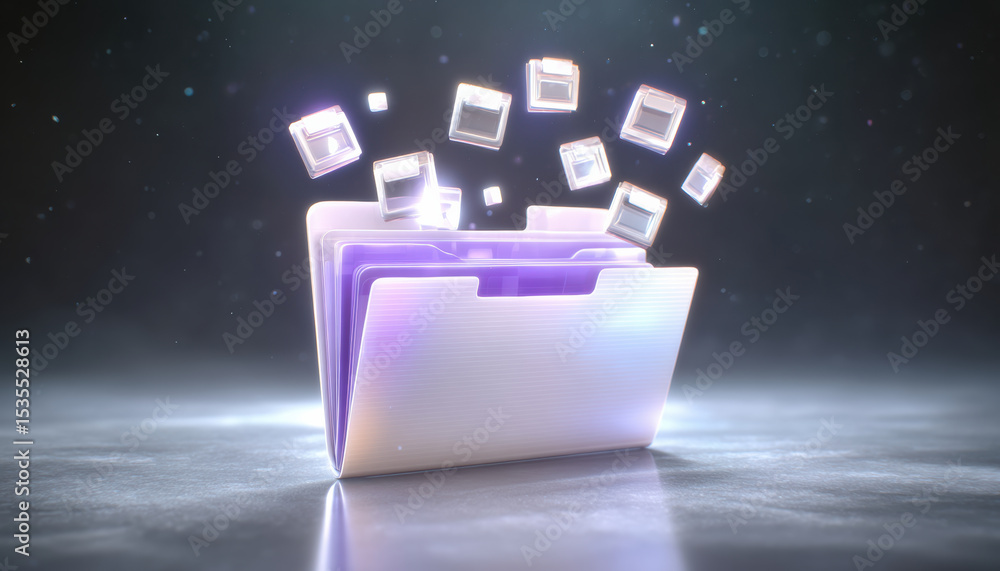 Poster digital folder icons with glowing data cubes symbolize transfer and storage in futuristic concept of
