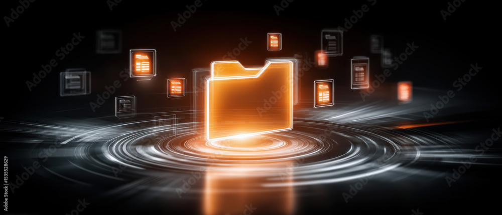 Poster digital folder icons glow in dark space symbolizing data transfer and storage with futuristic and dy