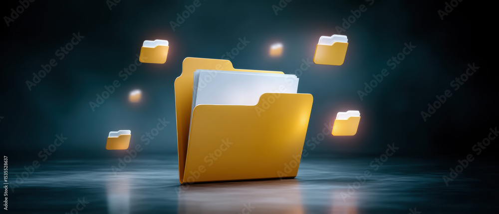 Poster digital folder icons represent data transfer with glowing yellow file folders floating in dark space
