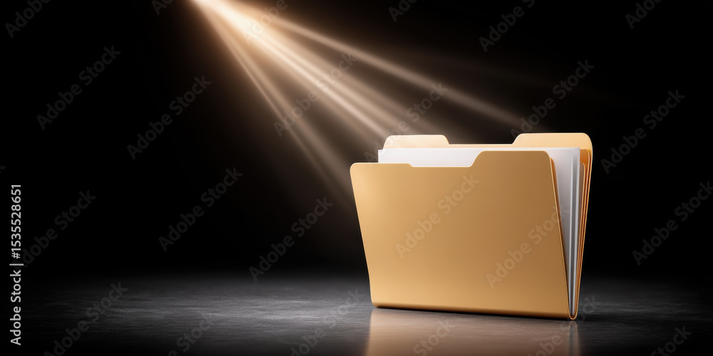Poster digital folder icons represent data transfer with glowing folder illuminated by light beams dark bac