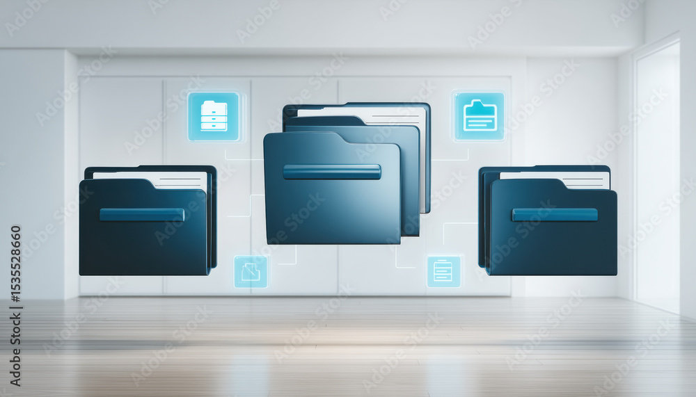 Poster digital folder icons represent data transfer in modern workspace with floating file folders and conn