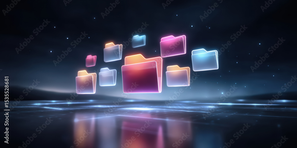Poster digital folder icons float in dark space symbolizing data transfer and storage with glowing colorful
