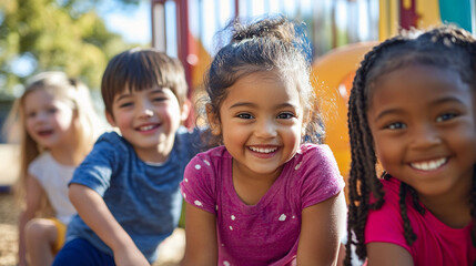 Children of different ethnicities playing together on a sunny playground