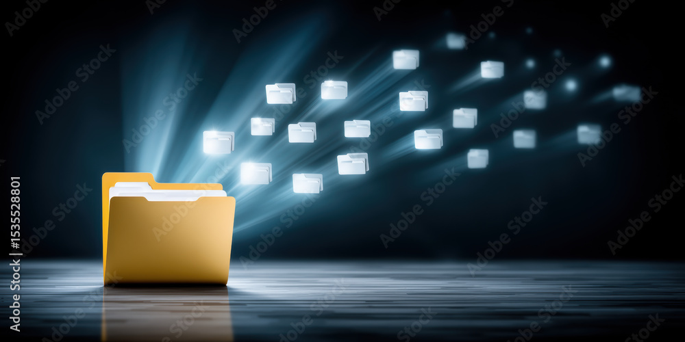 Poster digital folder icons represent data transfer with glowing folder symbols moving through dark space s