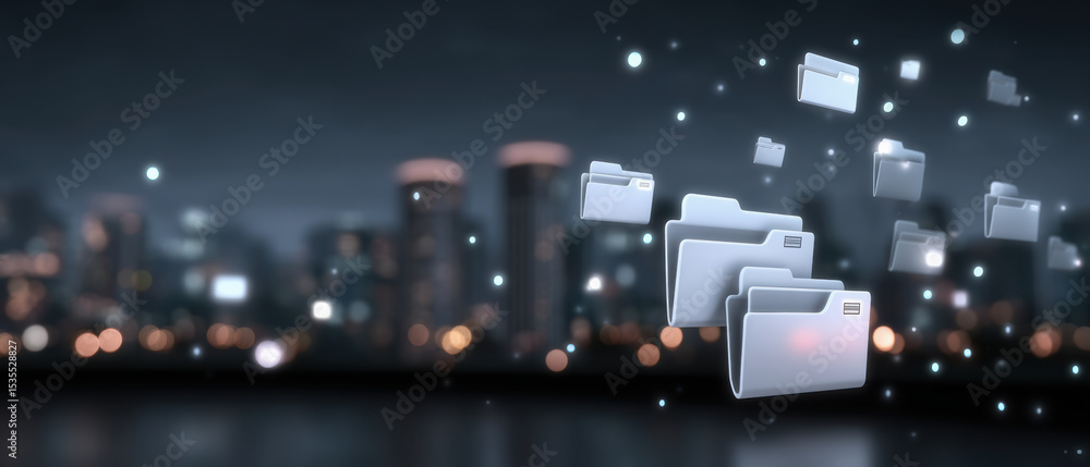 Aufkleber digital folder icons represent data transfer in futuristic cityscape with glowing lights and blurred