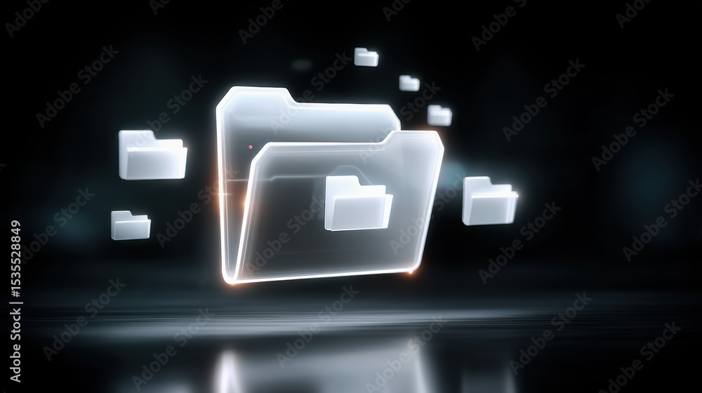 Poster digital folder icons data transfer concept with glowing folder icons floating in dark space showing 