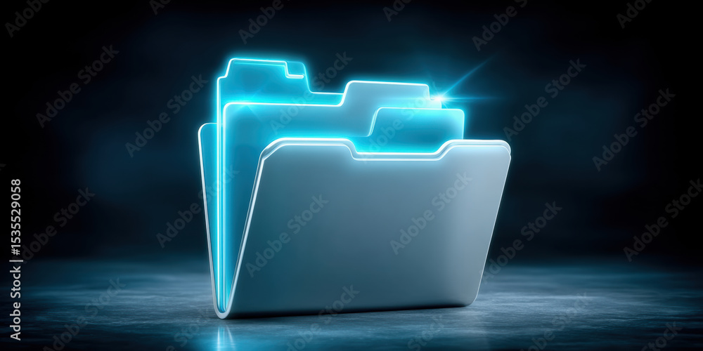 Poster digital folder icons glowing with data transfer concept in futuristic style on dark background for t