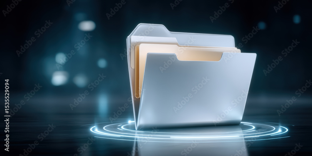 Aufkleber digital folder icons represent data transfer in futuristic concept with glowing rings and dark blurr
