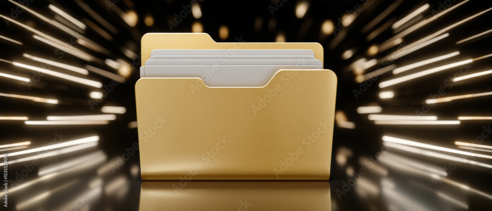Poster digital folder icons represent data transfer with glowing effect symbolizing fast information exchan