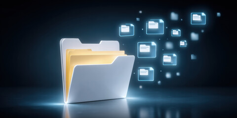Digital folder icons represent data transfer with glowing file symbols floating from open folder in dark space showing digital data transfer
