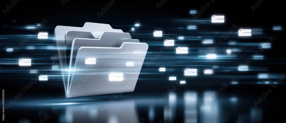 Poster digital folder with glowing icons represents fast data transfer in futuristic concept of digital inf