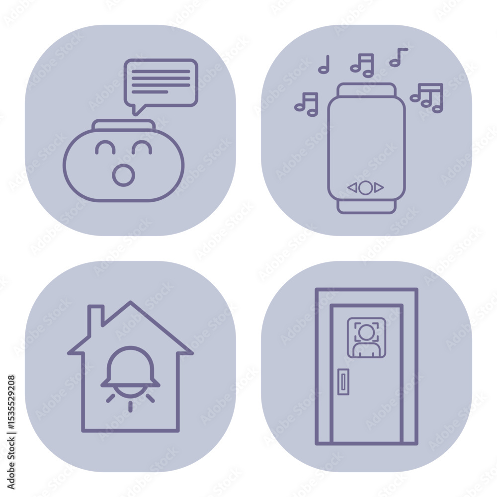 Poster set of four line icons with smart speaker with music notes, home alert system, conversational device