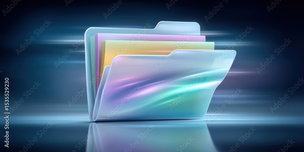 Poster digital folder icons with colorful data inside showing fast transfer concept in futuristic style