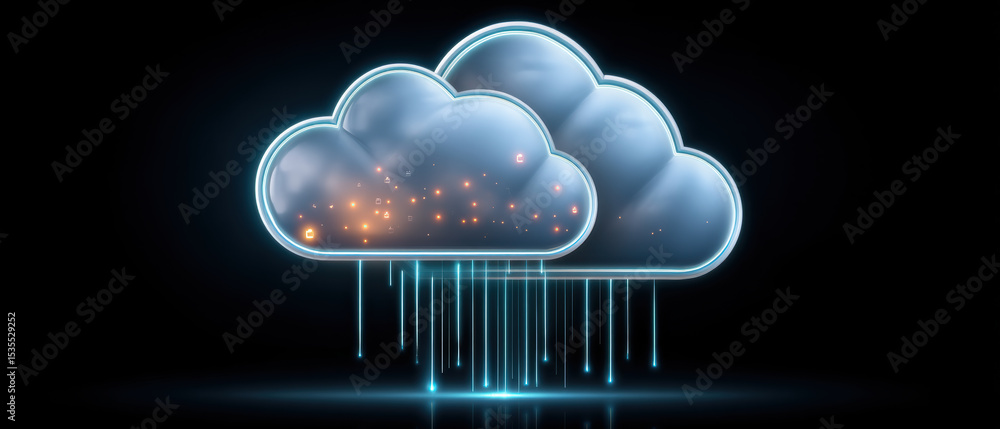 Poster digital cloud folder icons represent data transfer with glowing effects and futuristic design on dar