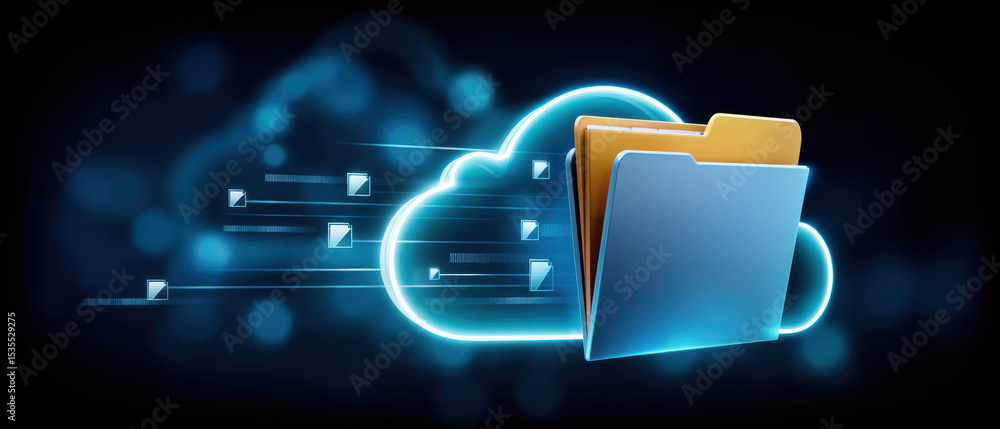 Poster digital folder icons represent data transfer in cloud environment with glowing effects and futuristi