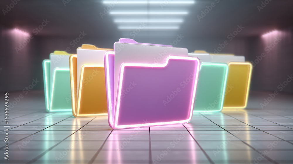 Poster digital folder icons glow in neon colors representing data transfer in futuristic environment with r