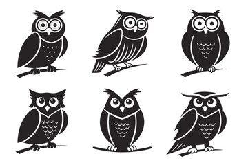 Set of six stylized black and white owl silhouettes perched on branches