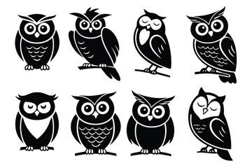 Set of eight unique black and white cartoon owl illustrations in various poses and styles