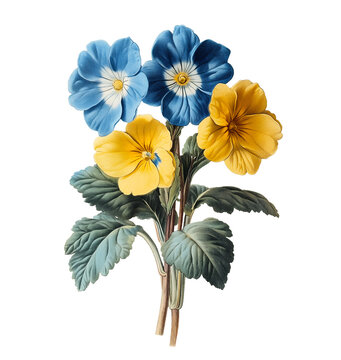 Vintage botanical illustration of blue and golden yellow auricula primula flowers with foliage transparent background, png clipart asset