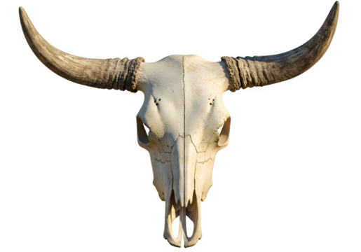 A weathered bull skull with aged horns, isolated on white or transparent background. PNG - Powered by Adobe