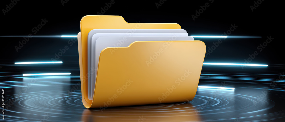 Poster digital folder icons represent data transfer in futuristic concept with glowing lines and reflective