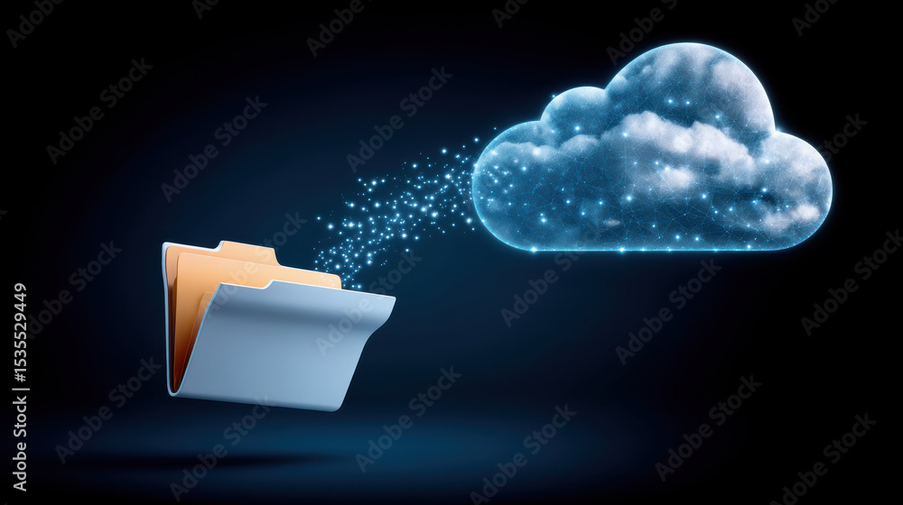 Poster digital folder icons show data transfer to cloud storage with glowing particles in dark background c