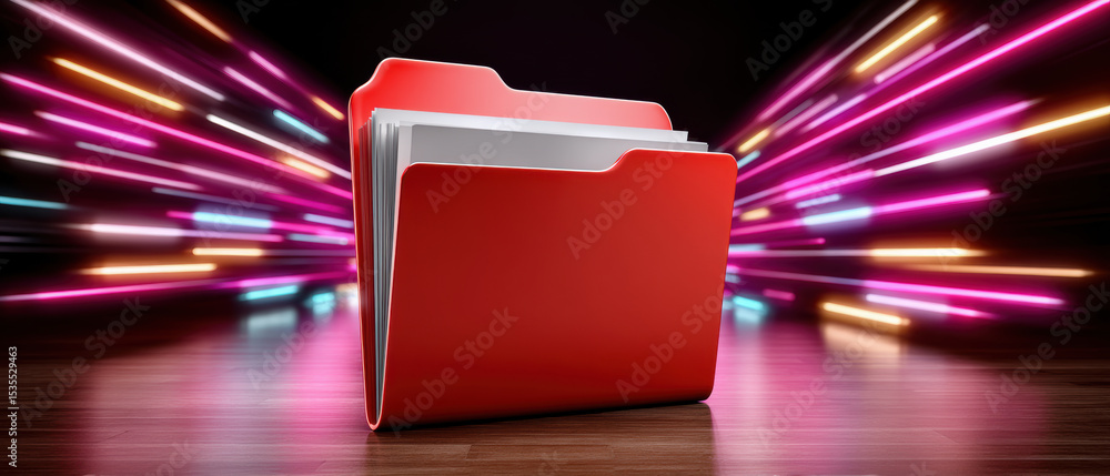 Poster digital folder icons represent data transfer with red folder on wooden surface and colorful light st