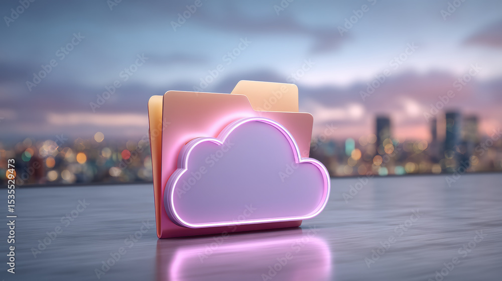 Poster digital folder icons with glowing cloud symbol represent data transfer concept in modern cityscape b